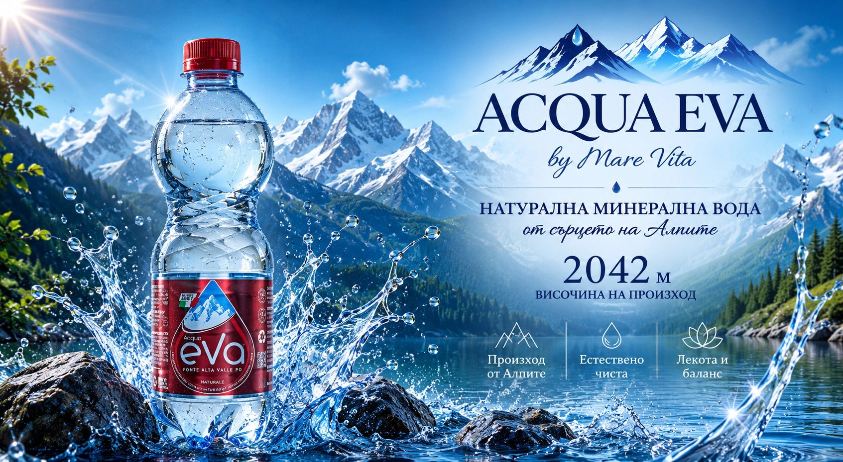 Acqua Eva by Mare Vita – натурална минерална вода от Алпите на 2042 м височина