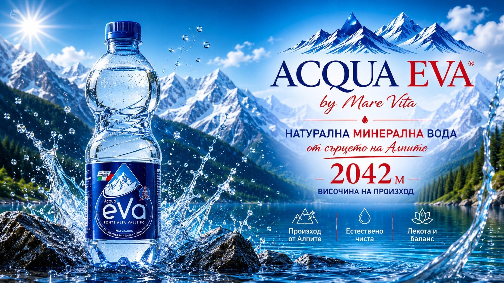 Премиум натурална минерална вода Acqua Eva с произход от Алпите